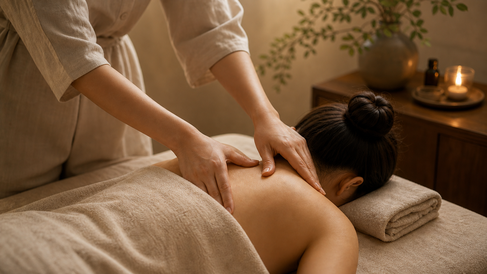 A calm upper-body wellness ritual in warm light