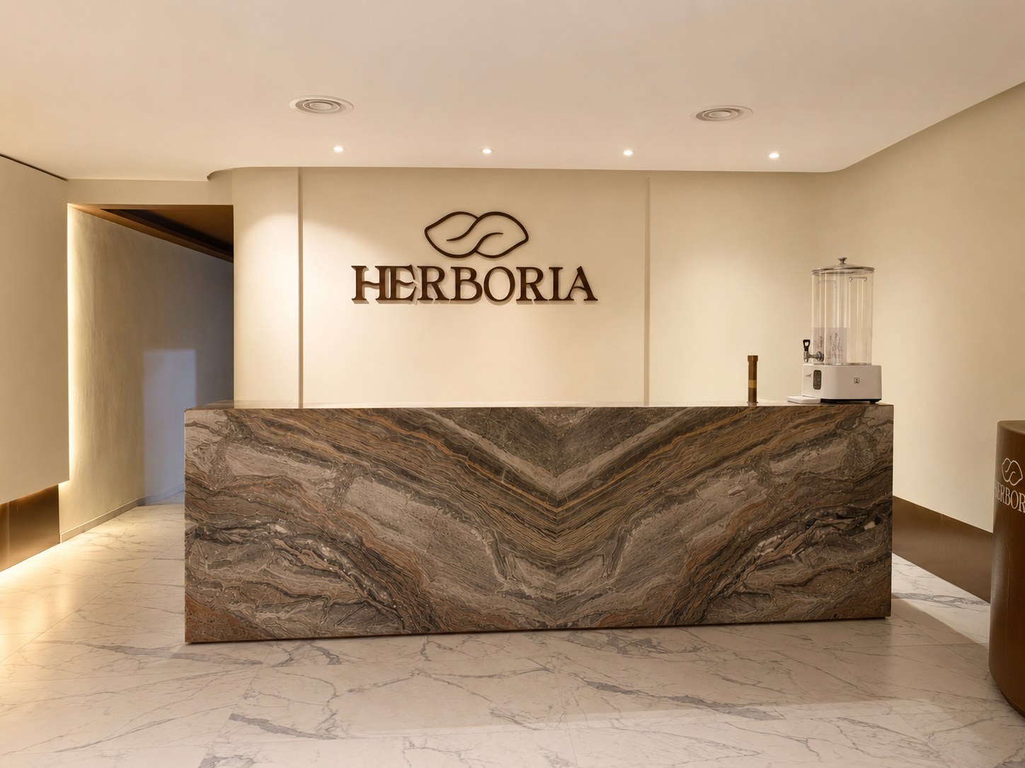 Herboria TCM reception with a stone counter and warm lighting