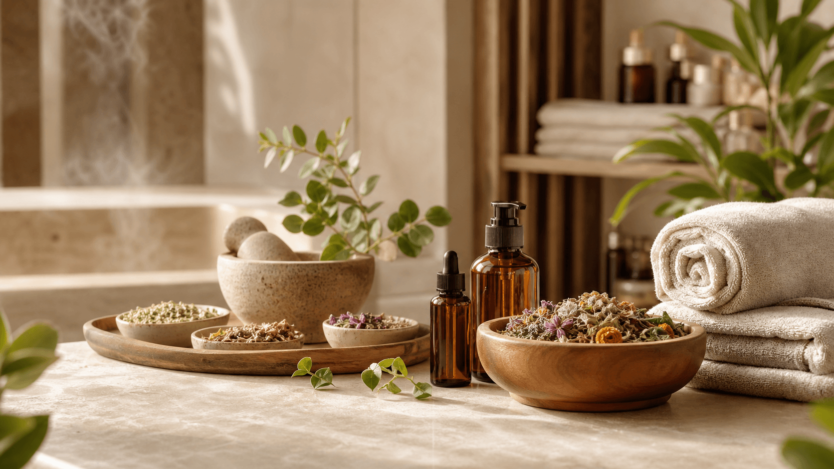 Warm herbal spa ritual arrangement with linen, botanical leaves, and aromatherapy bottles